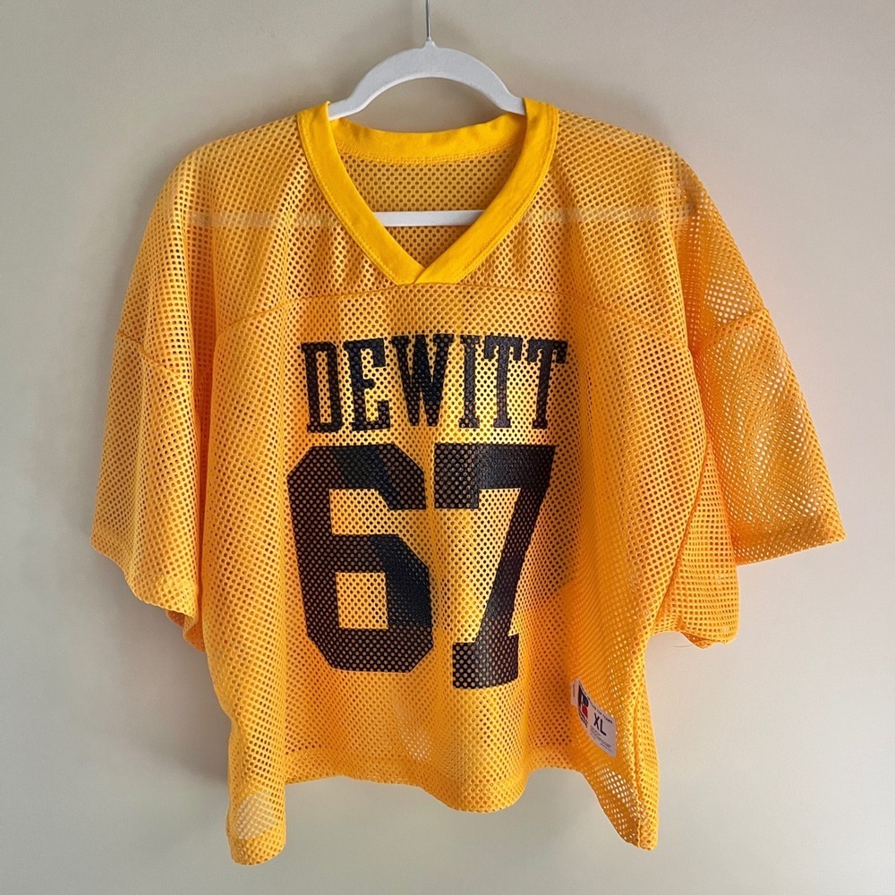 Vintage Football Jersey Women's XL Mesh 67 Dewitt Yellow Navy Blue Cropped Boxy